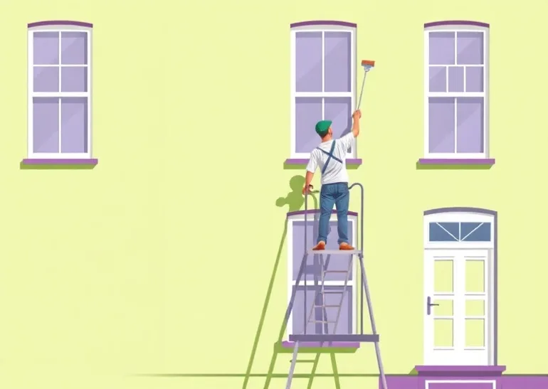 Peintre sur échafaudage traitant la façade d'une maison