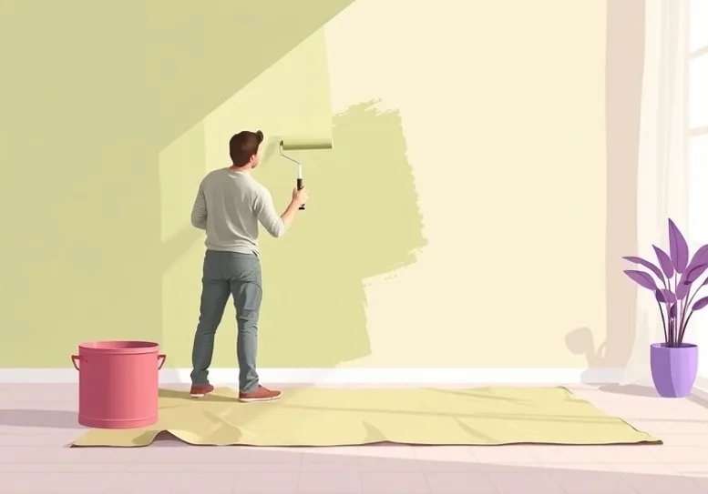 Peintre appliquant la peinture au rouleau sur un mur de salon